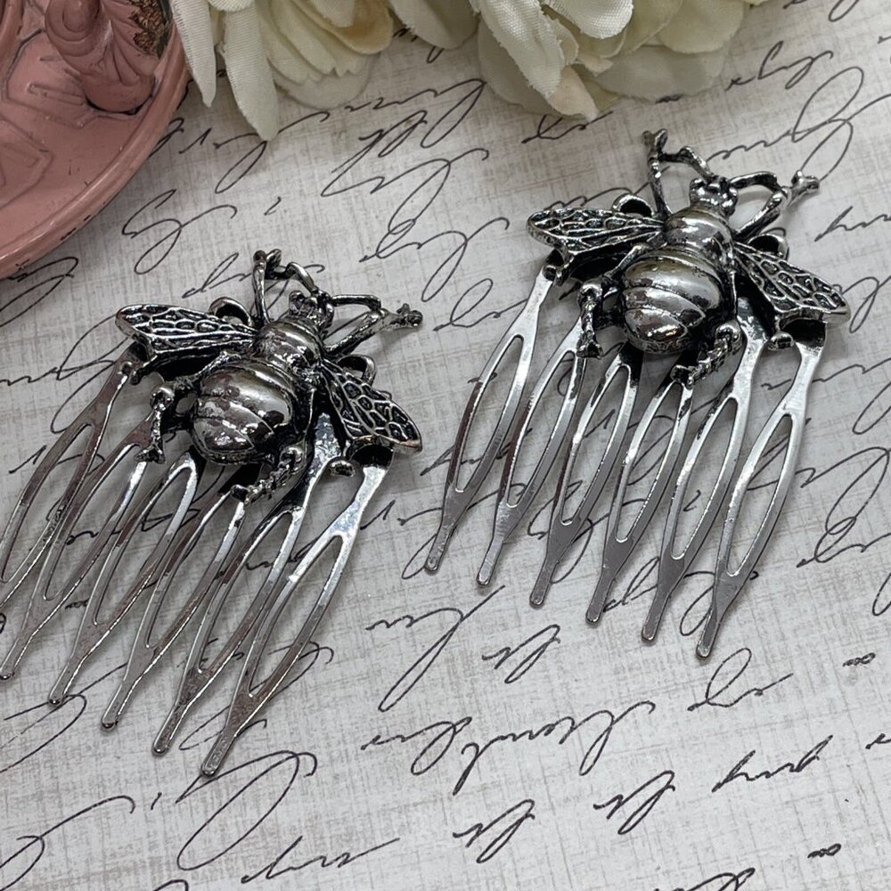 1 Pair Silver Long Bee Bridal Hairpin Bobby pin wedding hair festival Honey Comb - Picture 9 of 11